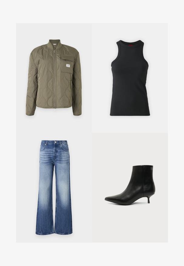Chaqueta verde oliva acolchada con cremallera frontal, cuello acanalado y bolsillo en el pecho con solapa y etiqueta de la marca.; Camiseta sin mangas negra hecha de una tela elástica. Presenta un cuello redondo y una silueta ajustada con detalles de costura mínimos.; Vaqueros de pierna ancha color azul claro, hechos de denim, con cintura alta, textura desgastada y parche de la marca en el bolsillo trasero.; Botín de piel negra con puntera puntiaguda y tacón bajo estilo kitten sobre fondo claro, mostrando vista lateral exterior.