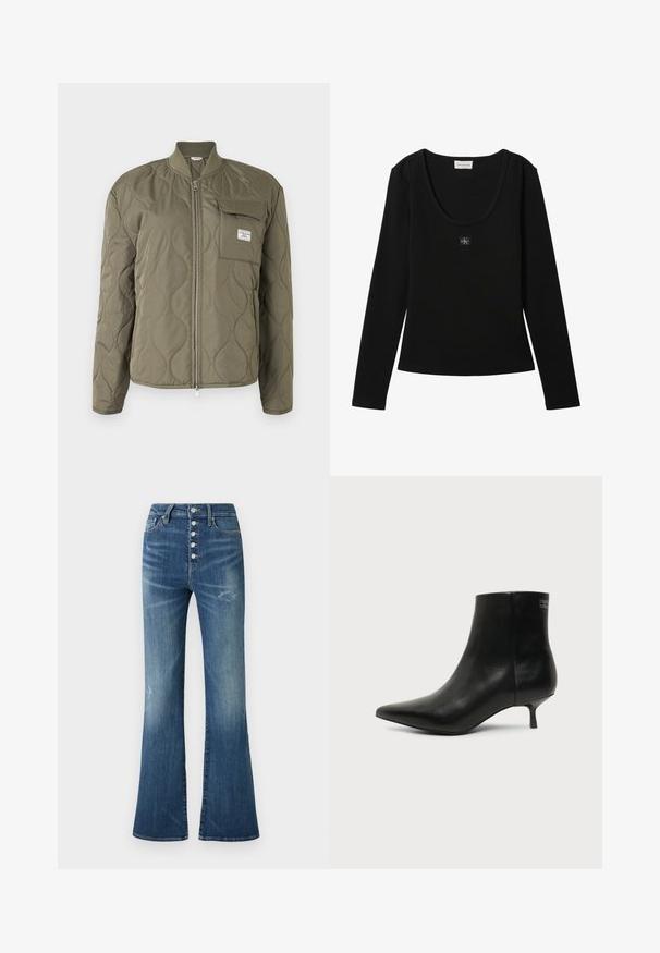 Chaqueta verde oliva acolchada con cremallera frontal, cuello acanalado y bolsillo en el pecho con solapa y etiqueta de la marca.; Top negro de manga larga acanalado con escote redondo y pequeño parche con el logo de Calvin Klein centrado en el pecho.; Jeans acampanados de mezclilla azul de cintura alta con cierre de botones y detalles de ligero desgaste en los muslos y las rodillas.; Botín de piel negra con puntera puntiaguda y tacón bajo estilo kitten sobre fondo claro, mostrando vista lateral exterior.