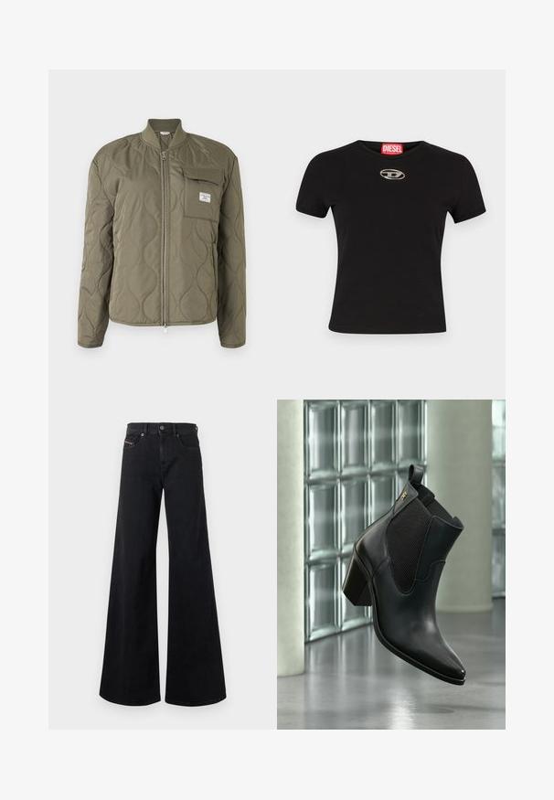 Veste matelassée vert olive avec fermeture éclair à l'avant, col côtelé et poche poitrine avec rabat et étiquette de marque.; T-shirt noir à manches courtes en coton, avec un col rond et un accent logo ovale métallique sur le devant.; Jean noir à jambes larges en denim, avec une taille haute, une fermeture à boutons, des poches avant et des détails de couture minimalistes.; Bottine noire en cuir avec talon bloc et panneau latéral élastique, flottant à l'intérieur devant un mur en blocs de verre et un sol en béton.