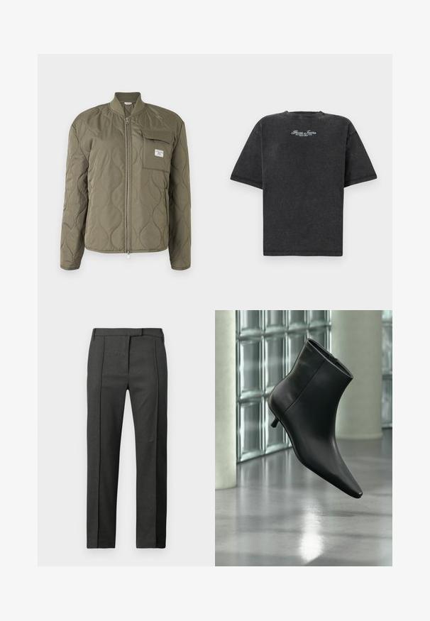 Chaqueta verde oliva acolchada con cremallera frontal, cuello acanalado y bolsillo en el pecho con solapa y etiqueta de la marca.; Guess Jeans SCRIPT TEE - Camiseta estampada - jet black; Pantalones ajustados de color gris oscuro con pliegues en la parte delantera, presillas para cinturón y un cierre frontal oculto, exhibidos sobre un fondo blanco.; Botín negro de cuero con punta puntiaguda y tacón bajo estilo kitten, mostrado en ángulo sobre un suelo pulido y con una pared de bloques de vidrio de fondo.