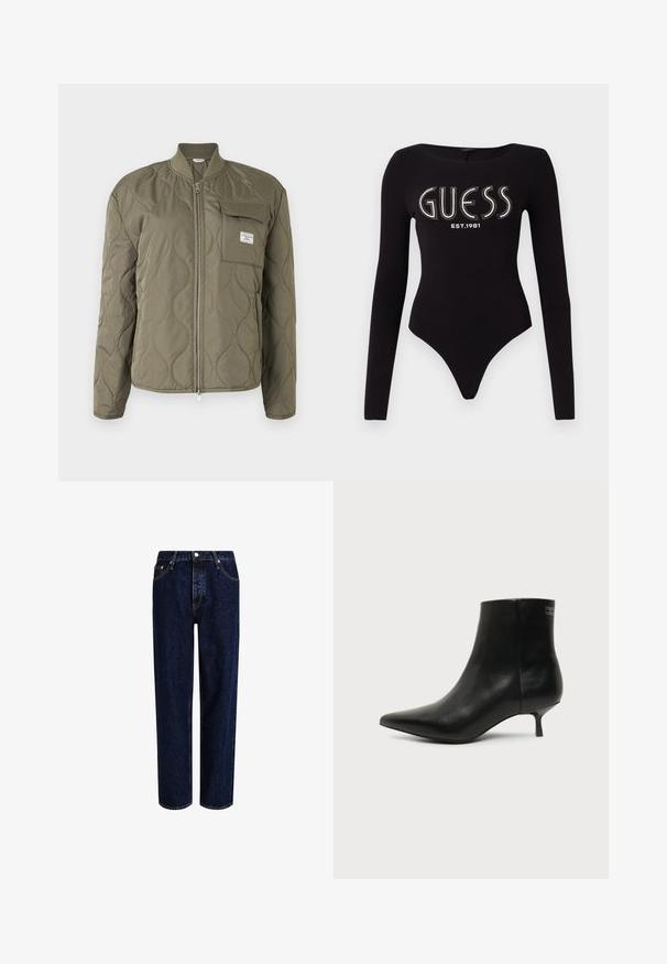 Chaqueta verde oliva acolchada con cremallera frontal, cuello acanalado y bolsillo en el pecho con solapa y etiqueta de la marca.; Bodysuit negro de manga larga con escote redondeado, que presenta "GUESS" en pedrería y "EST.1981" en blanco, confeccionado en una tela elástica.; Jeans de mezclilla azul oscuro con un diseño de pierna recta, que presentan una cintura alta, estilo de cinco bolsillos y costuras en contraste. Sin adornos.; Botín de piel negra con puntera puntiaguda y tacón bajo estilo kitten sobre fondo claro, mostrando vista lateral exterior.