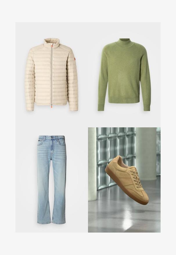 Save the duck ALEXANDER - Veste mi-saison - beige; Pull vert à col montant côtelé avec poignets et ourlet côtelés. Confectionné dans un tissu doux, il présente une texture lisse et une coupe décontractée.; Jeans en denim bleu clair avec une coupe droite, dotés de cinq poches, d'une fermeture à bouton et d'une légère décoloration sur le tissu.; Baskets beiges en daim avec semelle en gomme, design à lacets, flottant à l'intérieur sur un sol en béton poli près d'un mur en blocs de verre.