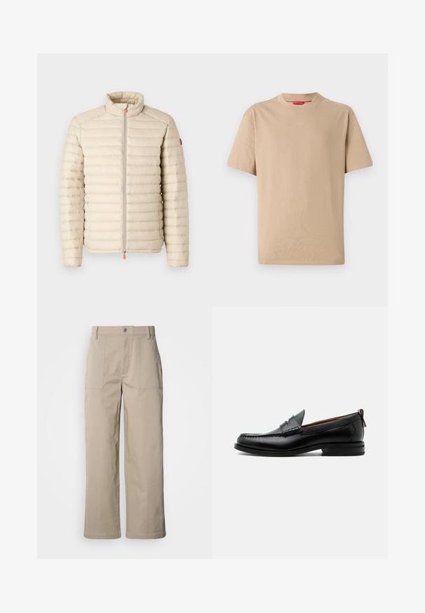 Save the duck ALEXANDER - Ελαφρύ μπουφάν - beige; Μπεζ βαμβακερό μπλουζάκι με κοντά μανίκια, στρογγυλή λαιμόκοψη και διακριτό λογότυπο "HUGO" στο κέντρο. Ομαλή υφή, άνετη εφαρμογή.; Μπεζ παντελόνι φαρδύ στα πόδια, κατασκευασμένο από βαμβάκι· διαθέτει εμπρόσθιες τσέπες τύπου patch, κούμπωμα με κουμπί και ορατή ραφή κατά μήκος των τελειωμάτων.; Μαύρο δερμάτινο ανδρικό μοκασίνι με ραφή moc toe, λουράκι penny, υφασμένο γιακά και χαμηλό συστοιχισμένο τακούνι σε λευκό φόντο.
