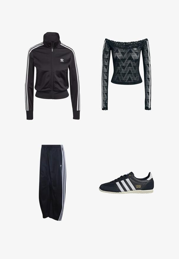Zwarte sportjack gemaakt van glad, lichtgewicht materiaal. Heeft een hoge kraag, ritssluiting en drie witte strepen op elke mouw.; Zwart, off-shoulder top met lange mouwen, voorzien van kanten afwerking, zigzagpatroon en witte zijstrepen. Gemaakt van een lichtgewicht, doorschijnend materiaal.; Zwarte Adidas trainingsbroek met elastische taille, witte drievoudige strepen langs de zijkanten, ritssluitingzak en logo op het linkerbeen.; Zwarte leren sneakers met drie witte strepen, een gestructureerde afwerking, een gouden 'adidas JAPAN' logo en een rubberen zool met grippatroon.