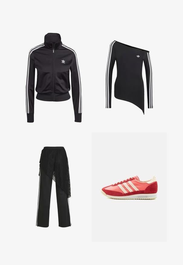 Zwarte sportjack gemaakt van glad, lichtgewicht materiaal. Heeft een hoge kraag, ritssluiting en drie witte strepen op elke mouw.; Zwarte top met lange mouwen met witte drie strepen op de mouwen, asymmetrische off-shoulder halslijn en een klein wit Adidas-logo op de borst.; Zwarte broek met wijde pijpen, witte zijstrepen en een asymmetrische zwarte kanten overlay gedrapeerd aan de linkerkant.; Rode en roze lage Adidas sneaker met crèmekleurige drie strepen, suède accenten en een witte geribbelde zool.