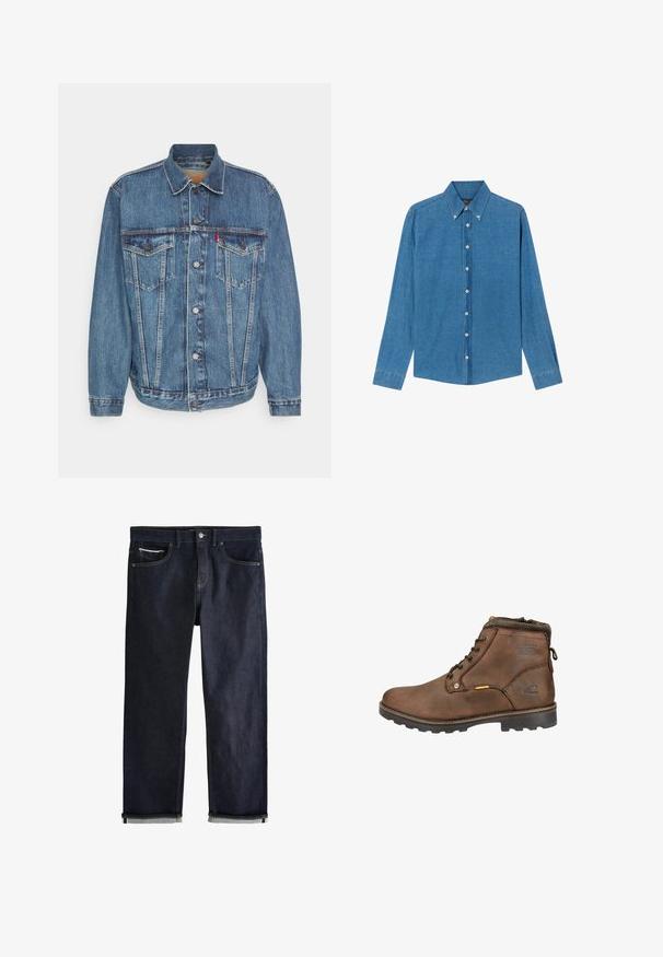 Jeansjacke in Mittelblau mit Knopfverschluss, zwei Brusttaschen und klassischem Kragen. Mit Zierstichen und lässiger Passform.; Blaue Denim-Hemd mit Button-down-Kragen, langen Ärmeln und Knöpfen vorne. Der Stoff hat eine strukturierte Oberfläche und einen klassischen Schnitt.; Dunkelblaue Jeans aus Denim mit umgeschlagenen Bündchen, Knopf- und Reißverschluss, Vorder- und Münztaschen und kontrastierenden Nähten vor weißem Hintergrund.; Braune Leder-Ankle-Boots mit runder Zehenpartie, Schnürdesign, gepolstertem Kragen und strukturiertem Gummisohle. Mit Logo und Metallelementen ausgestattet.