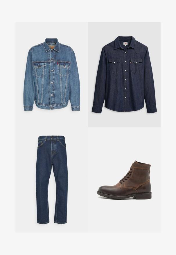 Chaqueta de vaquero en azul medio con cierre de botones, dos bolsillos en el pecho y cuello clásico. Cuenta con detalles de costura y un corte relajado.; Camisa de mezclilla azul oscuro con cuello puntiagudo, botones a presión y bolsillos en el pecho. Cuenta con detalles de costura y mangas largas.; Jeans rectos de color azul oscuro con botón frontal, cierre de cremallera y bolsillos, mostrados contra un fondo blanco.; Jack & Jones JFWDELANEY BOOT - Botines con cordones - cognac