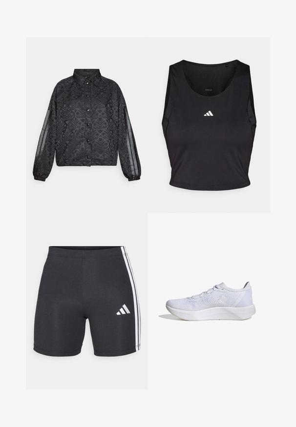 Čierna bunda s kvetinovým vzorom, s botónovým zapínaním, elastickými manžetami a vertikálnymi priesvitnými pruhmi na rukávoch.; Čierny športový crop top vyrobený z látky odvádzajúcej vlhkosť, s okrúhlym výstrihom, bez rukávov a bielym logom na hrudníku.; Čierne športové šortky vyrobené z elastického materiálu, s bielymi bočnými pruhmi a logom Adidas na dolnej pravej nohe. Hladká textura.; Biele atletické topánky s priedušným sieťovým zvrškom, šnurovací dizajn, polstrovaný golier a textúrovaná gumová podrážka pre trakciu.