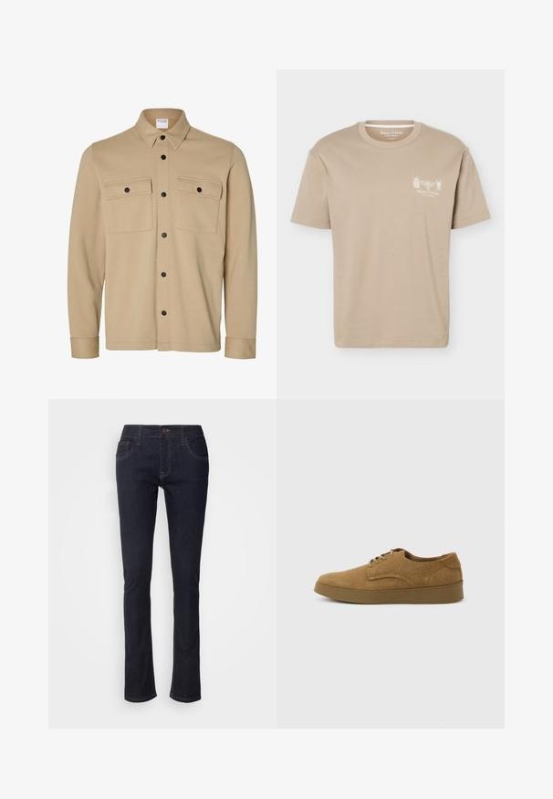 Beige Hemdjacke mit langen Ärmeln, schwarzen Druckknöpfen, zwei vorderen Klappentaschen und klassischem Kragen von der Marke Selected Homme.; Beiges T-Shirt mit kurzen Ärmeln und rundem Ausschnitt, mit kleinen Insektengrafiken und „Marc O'Polo“-Logo auf der linken Brust.; Dunkelblaue Denim-Jeans mit geradem Bein, ausgestattet mit Fronttaschen, einem Knopfverschluss und dezenten Steppnähten. Klassisches Design.; Brauner Wildleder-Schnürschuh für den Alltag mit flacher Gummisohle, von der Seite auf hellem, einfachem Hintergrund gesehen.