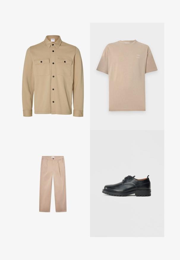 Beige overhemdjack met lange mouwen, zwarte drukknopen, twee voorzakken met klep en een klassieke kraag van het merk Selected Homme.; Beige katoenen T-shirt met een ronde hals, korte mouwen en subtiele bedrukte branding op de bovenste linkerborst. Gladde textuur, minimalistisch ontwerp.; Khaki broek van katoen met een recht gesneden ontwerp, voorzien van twee zijzakken, een knoopsluiting en een klassieke pasvorm.; Zwarte leren derby schoenen met een gladde textuur, ronde neus, vetersluiting en een dikke, robuuste rubberen zool.
