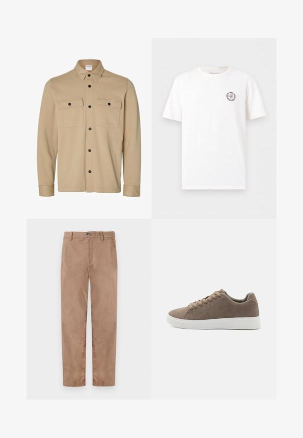 Beige Hemdjacke mit langen Ärmeln, schwarzen Druckknöpfen, zwei vorderen Klappentaschen und klassischem Kragen von der Marke Selected Homme.; Weißes T-Shirt mit kurzen Ärmeln und Rundhalsausschnitt, mit kleinem kastanienbraunem Wappenlogo auf der linken Brust, das Buchstaben und einen Lorbeerkranz zeigt.; TOM TAILOR REGULAR WASHED - Chino - caribou beige; Braune Wildledersneaker mit flachen weißen Gummisohlen, Schnürdesign, abgerundete Zehen und einer glatten Textur. Minimalistischer Stil mit dezenten Nähdetails.
