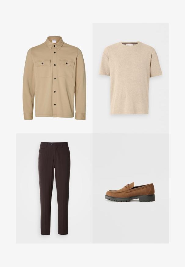 Beige Hemdjacke mit langen Ärmeln, schwarzen Druckknöpfen, zwei vorderen Klappentaschen und klassischem Kragen von der Marke Selected Homme.; Beiges kurzärmeliges Baumwoll-T-Shirt mit Rundhalsausschnitt und subtiler horizontaler Textur, auf weißem Hintergrund dargestellt.; Dunkelbraune, maßgeschneiderte Hose mit glattem Stoff, flacher Vorderseite, Seitentaschen und Knopfverschluss. Gerader Beinverlauf, ohne sichtbare Muster.; Braune Wildlederslipper mit runder Zehenpartie und einer niedrigen schwarzen Gummisohle, die über einen dekorativen Riemen und Nähte auf dem Obermaterial verfügt.