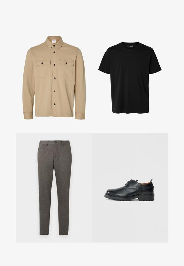 Beige Hemdjacke mit langen Ärmeln, schwarzen Druckknöpfen, zwei vorderen Klappentaschen und klassischem Kragen von der Marke Selected Homme.; Schlichtes schwarzes T-Shirt mit kurzen Ärmeln und Rundhalsausschnitt in Herrenform, ohne sichtbare Muster oder Logos auf der Vorderseite.; Graue, schmal geschnittene Hosen aus strukturiertem Stoff, mit Vordertaschen und einem einzigen Knopfverschluss an der Taille. Maschinenwaschbar.; Schwarze Leder Derby-Schuhe mit glatter Textur, runder Zehenform, Schnürdesign und einer dicken, robusten Gummisohle.