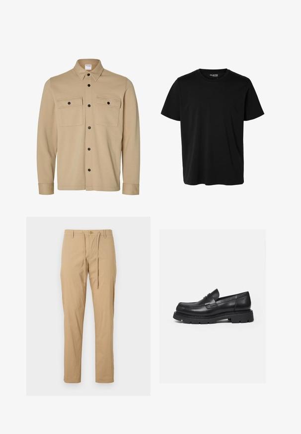 Beige Hemdjacke mit langen Ärmeln, schwarzen Druckknöpfen, zwei vorderen Klappentaschen und klassischem Kragen von der Marke Selected Homme.; Schlichtes schwarzes T-Shirt mit kurzen Ärmeln und Rundhalsausschnitt in Herrenform, ohne sichtbare Muster oder Logos auf der Vorderseite.; Hellbeige Baumwollhose mit Kordelzugbund, schmaler Passform, normalen Taschen und Knopfverschluss vorne. Glatte Textur.; Schwarzer Lederloafer mit dicker, profilierter Sohle und Pennyriemen-Detail, von der rechten Seitenansicht auf weißem Hintergrund gezeigt.