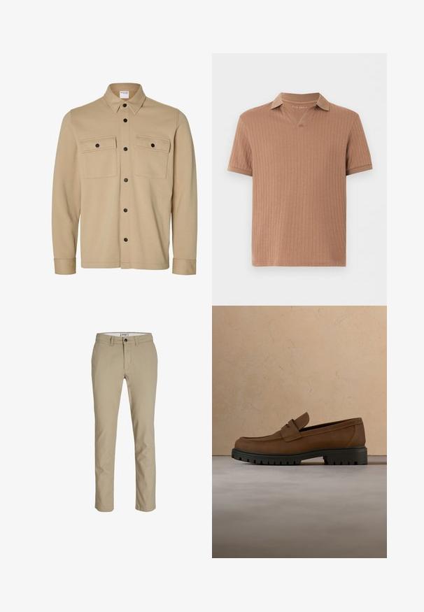 Beige Hemdjacke mit langen Ärmeln, schwarzen Druckknöpfen, zwei vorderen Klappentaschen und klassischem Kragen von der Marke Selected Homme.; Braunes, kurzärmliges, geripptes Poloshirt mit V-Ausschnitt am Kragen, aus leichtem Strickstoff gefertigt.; Beige Baumwollhose mit Slim-Fit, ausgestattet mit einem Reißverschluss, Knopfverschluss und vier Taschen. Glatte Textur, keine Muster oder Akzente.; Dunkelbrauner Lederloafer mit dicker schwarzer Gummisohle, dargestellt über beigem Teppich und Sofa-Hintergrund.