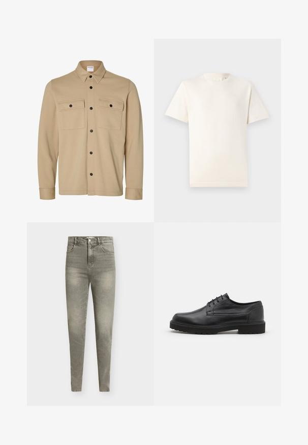 Beige langærmet skjortejakke med sorte trykknapper, to frontlommer med klap og en klassisk krave fra Selected Homme-mærket.; TOM TAILOR BASIC CREW NECK - T-shirts basic - smooth light sand; Lysegrå denim skinny jeans med høj talje, femlommet design, let slid og subtil falmen i hele stoffet.; Sorte lædersko med rund tå, glat finish og minimal syning. Har snørebåndslukning og en kraftig, struktureret gummisål.