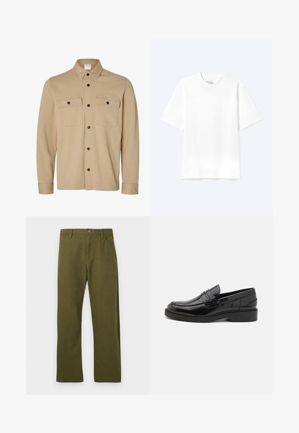 Chaqueta camisa beige de manga larga con botones a presión negros, dos bolsillos frontales con solapa y cuello clásico de la marca Selected Homme.; Camiseta lisa blanca de manga corta y cuello redondo con un corte relajado, mostrada sobre un fondo claro.; Pantalones de algodón verdes con corte recto, que cuentan con un diseño de bolsillo frontal, cierre de botón metálico y detalles de costura sutiles.; Mocasines de cuero negro con un acabado suave, punta redondeada, tacón bajo y costura decorativa en la parte delantera. Suela de goma para mayor agarre.