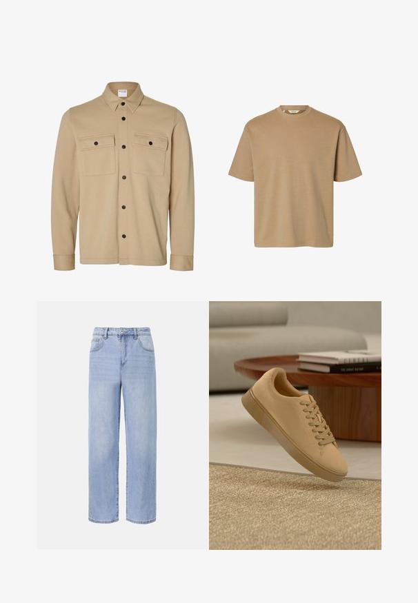 Beige langærmet skjortejakke med sorte trykknapper, to frontlommer med klap og en klassisk krave fra Selected Homme-mærket.; Kortærmet t-shirt med rund hals og afslappet pasform med ensfarvet design, vist på en hvid baggrund.; Lyseblå denimjeans med et afslappet, bredbenet design. Funktioner inkluderer fem lommer, en frontknaplukning og diskret falmning.; Beige snørestøvler, der svæver over et tekstureret tæppe med et træ sofabord og stablede bøger i en sløret baggrund.