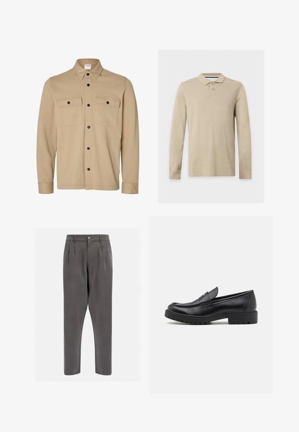 Beige overhemdjack met lange mouwen, zwarte drukknopen, twee voorzakken met klep en een klassieke kraag van het merk Selected Homme.; Beige poloshirt met lange mouwen, twee knopen en een klassieke kraag op een effen lichte achtergrond.; Grijze geplooide broek van gladde stof, voorzien van een knoopsluiting en taps toelopende pijpen voor een gestroomlijnde pasvorm. Geen extra patronen of accenten.; Zwarte leren instappers met een ronde neus, slip-on ontwerp en dikke rubberen zool met een gestructureerde grip. Verhoogde hak en subtiele stikdetails.