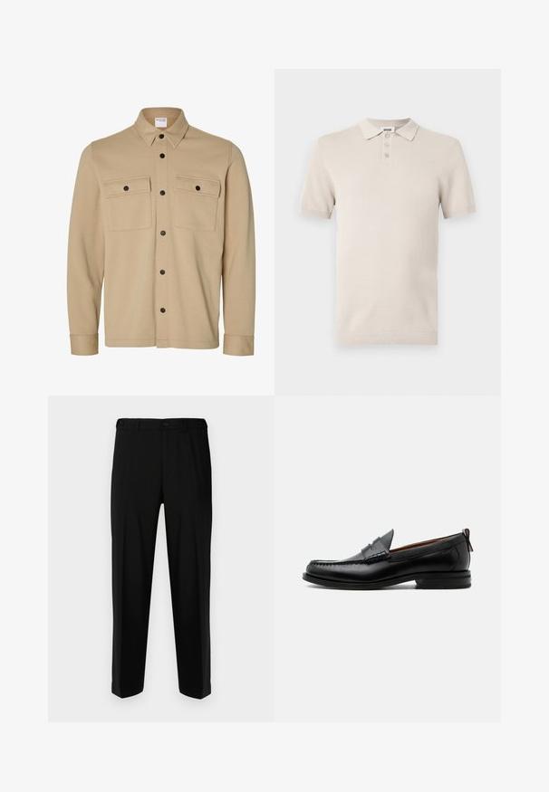 Beige Hemdjacke mit langen Ärmeln, schwarzen Druckknöpfen, zwei vorderen Klappentaschen und klassischem Kragen von der Marke Selected Homme.; Kurzärmliges, hellbeiges Poloshirt aus strukturiertem Stoff, mit einer drei-Knopf-Leiste und passendem geripptem Kragen und Saum.; Schwarze Hosen aus glattem Stoff, mit geradem Schnitt, zwei vorderen Taschen und einem Reißverschluss mit Knopfverschluss.; Schwarzer Leder-Herrenschuh mit Mokassinnaht, Penny-Riemen, strukturiertem Kragen und niedrigem gestapeltem Absatz auf weißem Hintergrund.