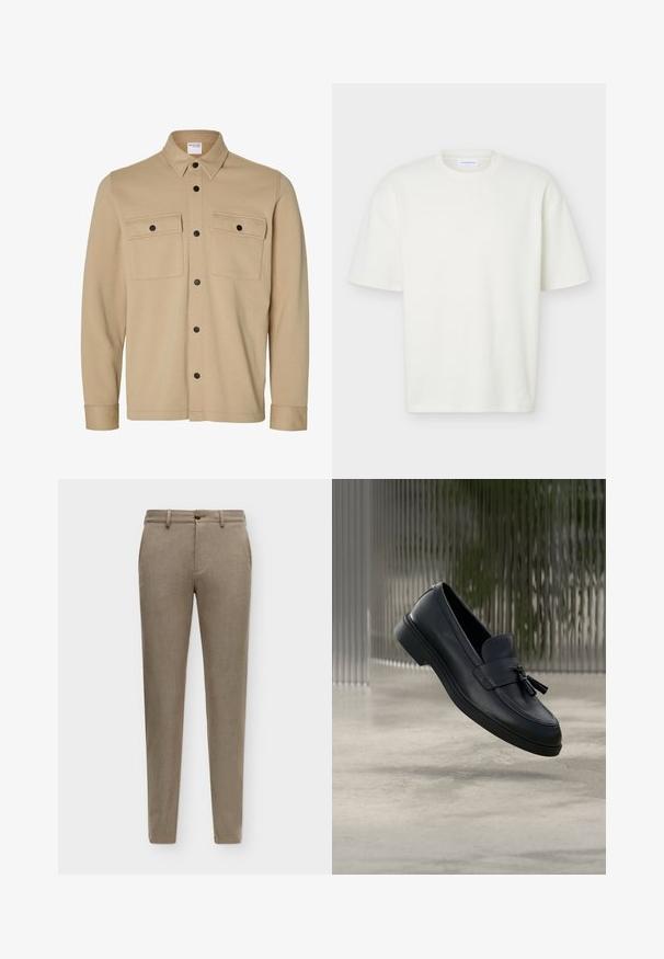 Beige overhemdjack met lange mouwen, zwarte drukknopen, twee voorzakken met klep en een klassieke kraag van het merk Selected Homme.; Witte textuur korte mouw T-shirt met ronde hals, reguliere pasvorm en een klein merklabel aan de binnenkant van de kraag.; Beige slimfit broek met riemlussen, knoop aan de voorkant en zijzakken, weergegeven op een effen achtergrond.; Zwarte leren loafers met een gladde textuur, een afgeronde neus en decoratieve kwastjes aan de voorkant. Flexibele rubberen zool met lage hak.