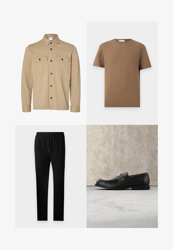 Beige Hemdjacke mit langen Ärmeln, schwarzen Druckknöpfen, zwei vorderen Klappentaschen und klassischem Kragen von der Marke Selected Homme.; Braunes kurzärmeliges T-Shirt mit Rundhalsausschnitt aus strukturiertem Stoff und dem Label "Pier One" innen am Kragen, dargestellt auf weißem Hintergrund.; Schwarze Jogginghose mit taillierter Passform, elastischem Bund und Kordelzug. Hergestellt aus weichem Stoff mit glatter Textur und ohne sichtbare Muster.; Schwarzer Lederloafer mit einer Metallmarkenplatte, der nahe einem braunen runden Tisch auf beigem Teppichboden ruht.