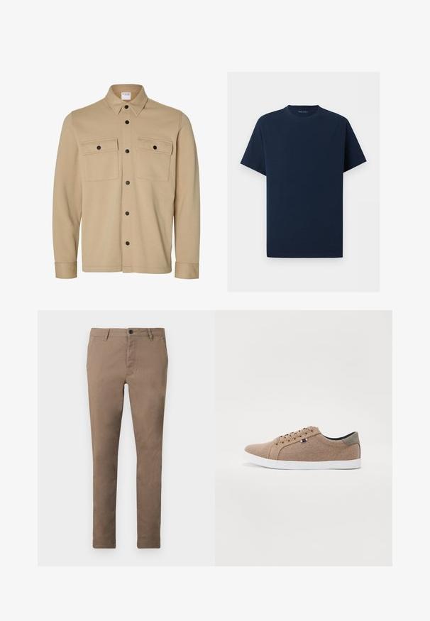 Beige Hemdjacke mit langen Ärmeln, schwarzen Druckknöpfen, zwei vorderen Klappentaschen und klassischem Kragen von der Marke Selected Homme.; Schlichtes marineblaues T-Shirt mit kurzen Ärmeln und Rundhalsausschnitt auf weißem Hintergrund, Vorderansicht ohne sichtbare Logos oder Designs.; Braune, schlanke Herrenhose mit Knopf- und Reißverschluss vorne, Gürtelschlaufen und Seitentaschen, flach auf weißem Hintergrund präsentiert.; Beige Leinensneaker mit einem Low-Top-Design, weißer Gummisohle und runden Schnürsenkeln. Mit kontrastierenden grauen Akzenten an der Ferse und einem Logo-Detail.
