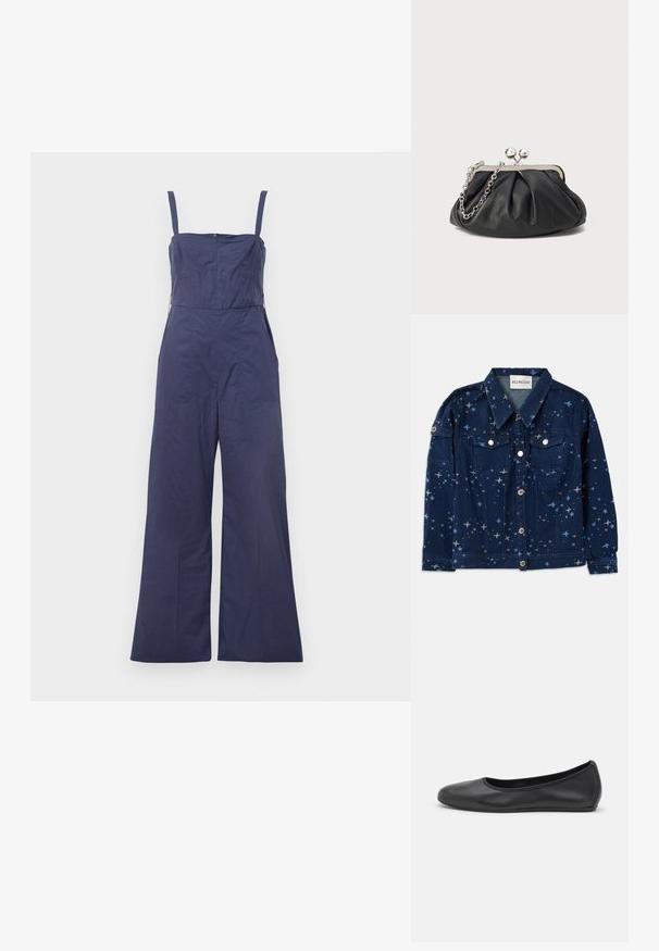 Dunkelblaue Jeansjacke mit Sternmuster. Verfügt über zwei Brusttaschen, Knopfleiste und klassisches Kragen-Design.; Nachtblauer Jumpsuit mit dünnen Trägern, tailliertem Oberteil und weitem Bein. Verfügt über einen Reißverschluss im Rücken und eine glatte Stoffoberfläche.; Schwarze Leder-Ballettschuhe mit abgerundeter Spitze, glatter Textur, minimalen Nähdetails und einem flexiblen Sohlen-Design.; Schwarze Leder-Clutch mit geraffter Textur, silberfarbener Metallrahmen, Druckverschluss und Kettenriemen. Glatte, weiche Oberfläche.