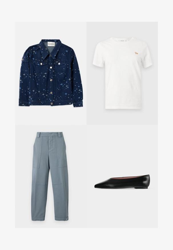 Veste en jean bleu foncé avec un imprimé à motifs d'étoiles. Elle dispose de deux poches poitrine, d'une fermeture à boutons et d'un col classique.; T-shirt blanc à manches courtes et col rond avec un petit renard orange brodé sur la poitrine gauche.; Pantalon droit bleu-gris avec poches plaquées à l'avant, passants pour ceinture, taille boutonnée et poignets réglables à pression aux chevilles.; Chaussure plate en cuir noir pour femme, avec bout pointu et petit talon, vue de côté sur un fond gris clair uni.