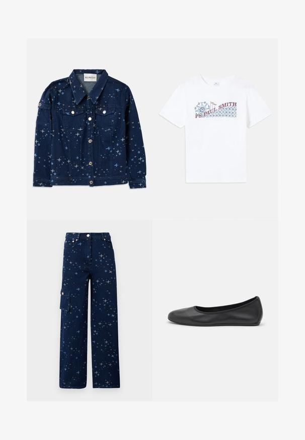 Veste en jean bleu foncé avec un imprimé à motifs d'étoiles. Elle dispose de deux poches poitrine, d'une fermeture à boutons et d'un col classique.; T-shirt en coton blanc avec un graphique coloré d'une grande roue et d'une montagne russe, avec le texte "PS Paul Smith" en rouge et bleu.; Pantalon cargo en denim bleu foncé avec un motif d'étoiles, une coupe large, des poches avant et une poche latérale avec fermeture à bouton.; Ballerines en cuir noir avec un bout rond, texture lisse, détails de couture minimalistes et design de semelle flexible.