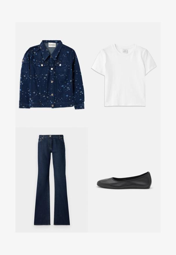 Denimjakke i mørkeblå med stjernemønster. Har to brystlommer, knaplukning og klassisk krave.; Hvid bomulds-t-shirt med rund hals, korte ærmer og lige kant. Mærke med teksten "Won Hundred" placeret i midten af halsudskæringen.; Mørkeblå flagrende jeans lavet af denim, med fem-lommers design, bæltestropper og kontrasterende gul syning langs sømmene.; Sort læderballetsko med rund tå, glat tekstur, minimal syning og et fleksibelt såldesign.