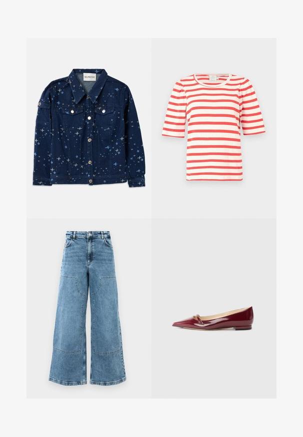 Veste en jean bleu foncé avec un imprimé à motifs d'étoiles. Elle dispose de deux poches poitrine, d'une fermeture à boutons et d'un col classique.; Haut à manches courtes rayé rouge et blanc avec une texture côtelée et un col rond. Les manches bouffantes ajoutent du volume au design.; Jean en denim bleu clair à jambes larges avec une taille haute, de grandes poches avant et des coutures visibles. Dispose d'un design classique à cinq poches.; Ballerines en cuir verni bordeaux avec un bout pointu, présentant un petit détail découpé et un petit talon. Texture lisse et design épuré.