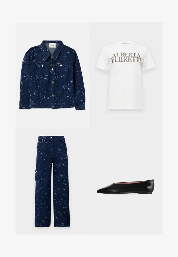 Dunkelblaue Jeansjacke mit Sternmuster. Verfügt über zwei Brusttaschen, Knopfleiste und klassisches Kragen-Design.; Weißes Baumwoll-T-Shirt mit einem auffälligen schwarzen und silbernen Grafiktextdesign, das "ALBERTA FERRETTI" abbildet. Kurze Ärmel und Rundkragen.; Dunkelblaue Jeans-Cargohose mit Sternmuster, weitem Bein, frontalen Taschen und einer Seiten Tasche mit Knopfverschluss.; Schwarzer flacher Damenleder-Schuh mit spitzer Kappe und niedrigem Absatz, von der Seite auf einfarbigem hellgrauem Hintergrund gezeigt.