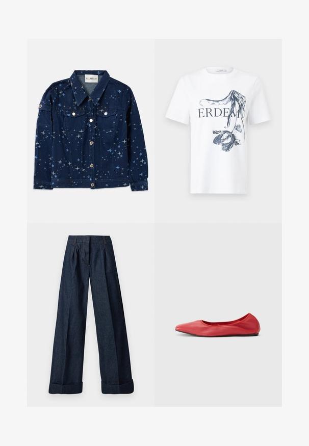 Veste en jean bleu foncé avec un imprimé à motifs d'étoiles. Elle dispose de deux poches poitrine, d'une fermeture à boutons et d'un col classique.; T-shirt blanc à manches courtes avec le texte "ERDEM" et une illustration florale noire détaillée partiellement couvrant les lettres à l'avant.; Jean en denim foncé à jambes larges avec plis à l'avant et ourlets retroussés, présenté à plat sur un fond blanc.; Filippa K REY FLATS - Ballerines - bright red