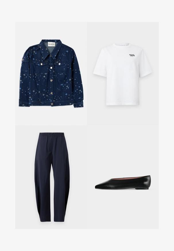 Veste en jean bleu foncé avec un imprimé à motifs d'étoiles. Elle dispose de deux poches poitrine, d'une fermeture à boutons et d'un col classique.; T-shirt en coton blanc avec un col rond et des manches courtes, arborant un petit logo noir brodé sur le haut à gauche de la poitrine.; Pantalon bleu marine droit avec taille élastique et poches latérales, présenté sur fond blanc.; Chaussure plate en cuir noir pour femme, avec bout pointu et petit talon, vue de côté sur un fond gris clair uni.