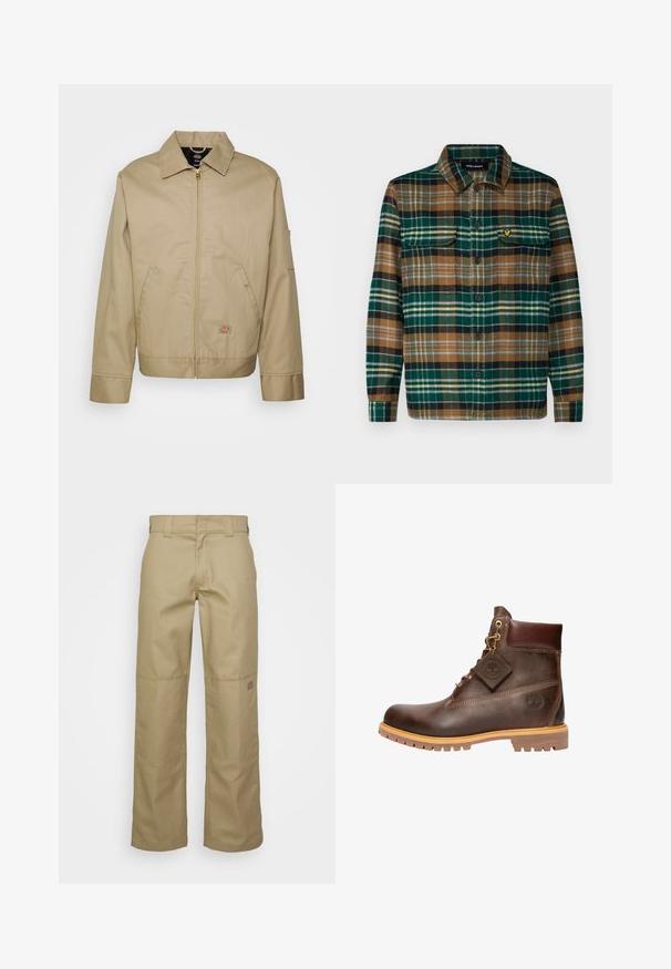 Beige katoenen jack met een ritsluiting, puntkraag, zijzakken en een logo-opdruk. Beschikt over een gestructureerde silhouet en zoomlijn.; Geruite flanellen overhemd in groen, bruin en zwart met een knoopsluiting aan de voorkant, twee borstzakken en een klein geborduurd logo op de linker zak.; Beige wijde broek gemaakt van een katoenmix. Kenmerkt zich door versterkte kniezakken en een klein logo-opdruk op de bovenbeen.; Bruine leren enkelboot met een ronde neus, stevige zool, hardware in goudkleur en een gestructureerde bovenkant. Inclusief een merklabel dat is bevestigd.