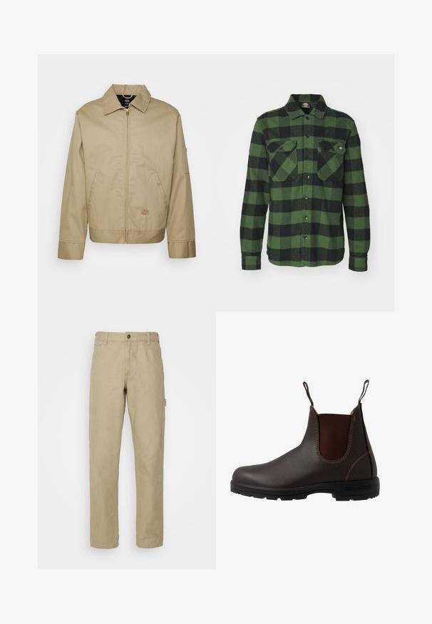 Chaqueta de algodón beige con cierre de cremallera, cuello con puntas, bolsillos laterales y parche de logo. Presenta una silueta estructurada y un dobladillo definido.; Camisa de franela a cuadros verde y negra con dos bolsillos en el pecho, cierre de botones, mangas largas y cuello puntiagudo. Textura suave.; Pantalones de algodón beige con un diseño de pierna recta, que cuentan con un cierre frontal de botón, cinco bolsillos y un bolsillo lateral tipo cargo.; Bota Chelsea de cuero marrón con panel elástico lateral, costuras marrones, tiradores y suela de goma resistente con un patrón texturizado.