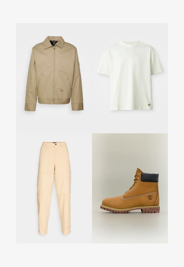 Veste en coton beige avec fermeture éclair, col classique, poches latérales et logo brodé. Présente une silhouette structurée avec un ourlet distinct.; T-shirt en coton blanc avec un col rond, des manches courtes et une coupe décontractée. Présence d'une petite étiquette logo sur le côté inférieur. Texture lisse.; Pantalons beiges taille haute en coton. Dotés de poches, d'une fermeture à bouton et d'une couture panachée distincte au niveau des genoux. Coupe droite.; Bottine en cuir marron avec col noir, lacets jaunes et semelle beige. Présente un logo et des détails de couture blanche. Semelle extérieure à traction robuste.