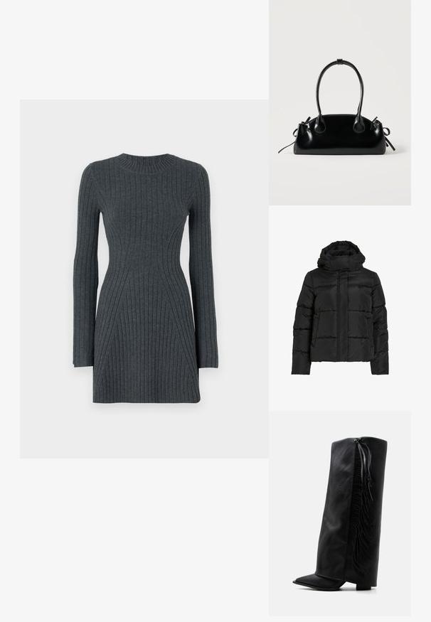Sort dunjakke med høj krave, vandret quiltet mønster og lynlås foran. Har lommer og en let cropped pasform.; Mørkegrå ribstrikket kjole med lange ærmer, tætsiddende silhuet, rund halsudskæring og skrå sømme, der fremhæver formen.; Sort læder knæhøj støvle med spids tå og dekorativ frynse langs ydersiden mod en ensartet hvid baggrund.; Lille sort blank håndtaske med to lange håndtag og snøre-detaljer i siden på en ensfarvet lys baggrund.