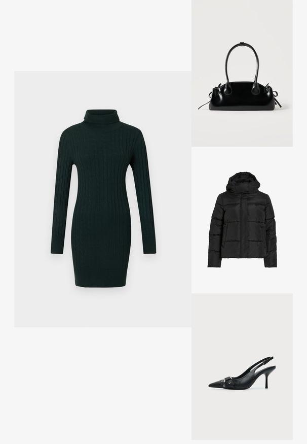 Veste matelassée noire avec col montant, motif matelassé horizontal et fermeture éclair frontale. Comprend des poches et un design légèrement raccourci.; Robe pull en laine à mailles torsadées vert foncé avec des manches longues et un col roulé ajusté sur fond uni.; Escarpin slingback à talon haut en cuir noir avec bout pointu, boucle et détail de bride œillet à l'avant.; Petit sac à main noir brillant avec deux longues anses et des détails à cordon sur les côtés sur un fond clair uni.