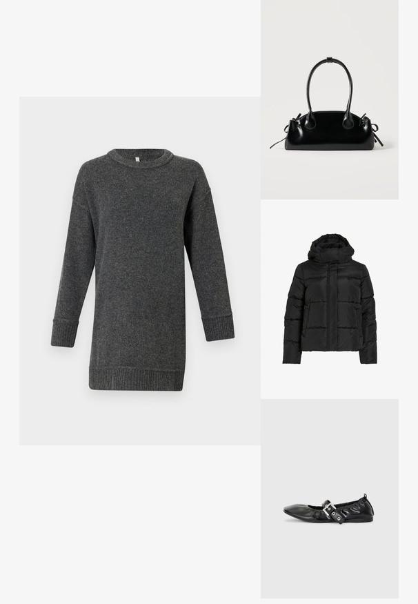 Schwarze Steppjacke mit hohem Kragen, horizontaler Steppmusterung und vorderem Reißverschluss. Mit Taschen und leicht verkürztem Schnitt.; Dunkelgrauer, langärmeliger Wollpullover mit gerippten Bündchen und Saum, Rundhalsausschnitt und lockerer Passform.; Schwarze Leder-Ballerinas mit spitzem Zehenbereich, gerafften Details am Schaft und einem silbernen Schnallenakzent am verstellbaren Riemen.; Kleine schwarze glänzende Handtasche mit zwei langen Griffen und seitlichen Kordelzug-Details vor einfachem hellem Hintergrund.