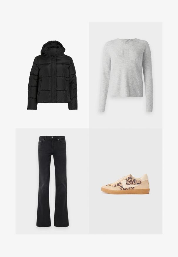 Sort dunjakke med høj krave, vandret quiltet mønster og lynlås foran. Har lommer og en let cropped pasform.; Grå strikket sweater med ribbet tekstur, lange ærmer og V-halsdesign. Enkel og minimalistisk fremtoning.; Sorte flagrende jeans lavet af denim, med et klassisk fem-lomme design, knaplukning og subtile sømdetaljer.; Leopardprint sneakers med beige ruskindsoverdel, tan gummisål og hvide detaljer. Rund pegefinger og snørebåndsdesign med en tekstureret finish.