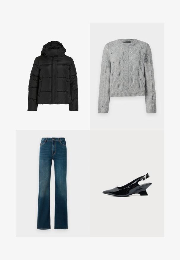 Veste matelassée noire avec col montant, motif matelassé horizontal et fermeture éclair frontale. Comprend des poches et un design légèrement raccourci.; Pull à manches longues en tricot torsadé gris, avec un col rond et des bords côtes à l'encolure et aux manches, présenté sur fond blanc.; Jeans bleu marine taille haute avec une coupe droite. Fabriqués en denim, avec des coutures contrastées et un classique design à cinq poches.; Chaussure slingback en cuir verni noir avec bout pointu et petit talon bloc incliné sur fond clair uni.