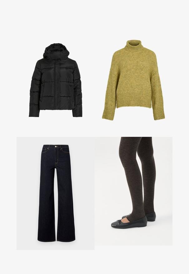 Veste matelassée noire avec col montant, motif matelassé horizontal et fermeture éclair frontale. Comprend des poches et un design légèrement raccourci.; Pull-over en grosse maille tricotée de couleur vert olive pâle. Présente un col montant et des manches larges et amples avec des poignets côtelés. Texture douce.; Jeans large en denim bleu foncé, avec une taille haute, des coutures contrastées et un unique bouton métallique à l'avant.; Jambes portant des leggings côtelés foncés associés à des ballerines noires avec de petits détails en nœud sur fond blanc.