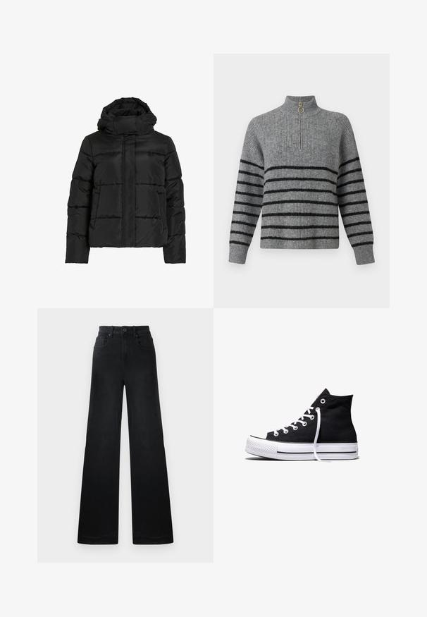 Schwarze Steppjacke mit hohem Kragen, horizontaler Steppmusterung und vorderem Reißverschluss. Mit Taschen und leicht verkürztem Schnitt.; Grauer gestrickter Pullover mit hohem Kragen, schwarzen horizontalen Streifen, einem Viertel-Reißverschluss mit einem goldenen Ring-Zipper und gerippten Bündchen.; Weite schwarze Denim-Hosen mit einer taillierten Taille, ausgestattet mit Gürtelschlaufen, vorderen und hinteren Taschen sowie einer glatten Textur.; Schwarzer High-Top-Canvas-Sneaker mit weißer Gummisohle und weißen Schnürsenkeln, seitlich dargestellt vor weißem Hintergrund.