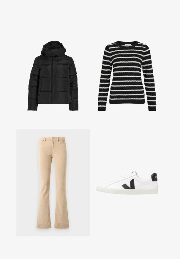 Sort dunjakke med høj krave, vandret quiltet mønster og lynlås foran. Har lommer og en let cropped pasform.; Sort og hvid stribet sweater, strikket tekstur, rund halsudskæring, lange ærmer, ribbede manchetter og kant, der har skiftende brede og smalle striber.; Beige fløjsbukser med flagrende ben, tekstureret finish, to frontlommer, lynlås og detalje med sølvfarvet knap.; Hvide sneakers med et sort V-logo, der har en glat læderoverdel, rund tå, snørrelukning og en kontrasterende sort hælflap.