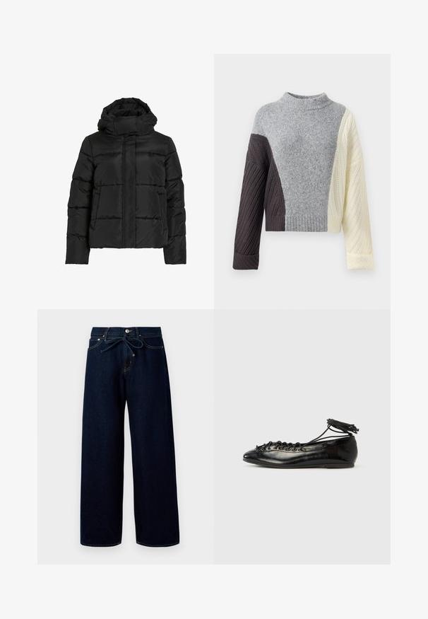Veste matelassée noire avec col montant, motif matelassé horizontal et fermeture éclair frontale. Comprend des poches et un design légèrement raccourci.; Pull en tricot épais avec un design bicolore en gris, marron foncé et crème, doté d'un col montant et de bords côtelés aux poignets et à l'ourlet.; Jean large bleu foncé en denim, doté d'une fermeture à bouton à l'avant et d'une taille à cordon, avec des détails de couture contrastants.; Ballerines en cuir verni noir avec un bout rond, un design à lacets et une semelle plate. Texture lisse avec peu de détails.