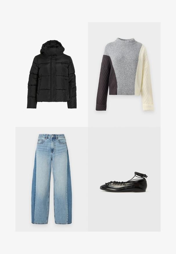 Sort dunjakke med høj krave, vandret quiltet mønster og lynlås foran. Har lommer og en let cropped pasform.; Chunky strikket sweater med farveblokdesign i grå, mørkebrun og creme, med høj hals og ribkant ved ærmerne og kanten.; Lysblå denim brede bukser med en falmet finish, fem-lomme design, knaplukning og frynset kant. Slidt tekstur og syninger som accenter.; Sorte balletflade sko i laklæder med rundet tå, snørelukning og flad sål. Glat tekstur med få detaljer.