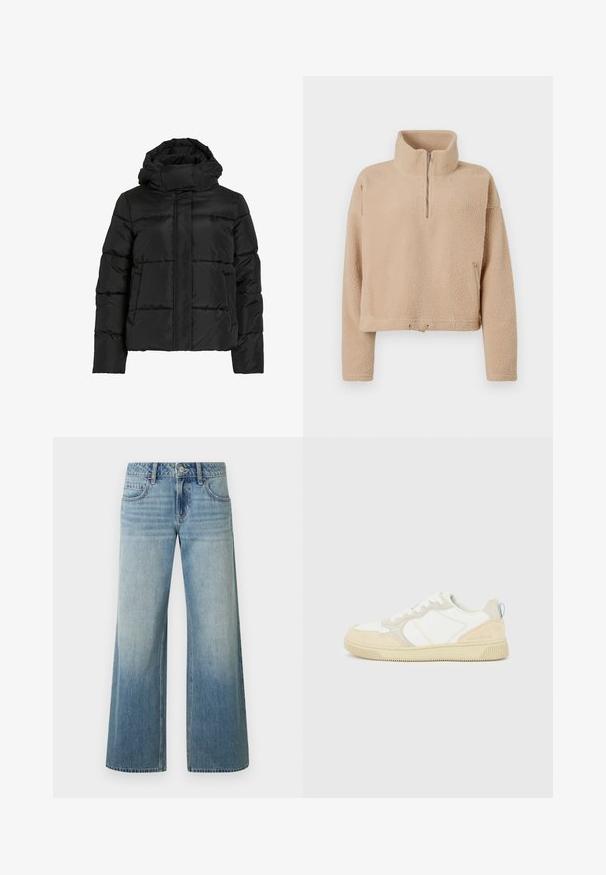 Sort dunjakke med høj krave, vandret quiltet mønster og lynlås foran. Har lommer og en let cropped pasform.; Beige fleece hoodie med højt krave, halv lynlås foran og dropped skuldre. Har et struktureret stof og en cropped kant med snoretræk.; Lyseblå jeans med vide ben og falmet finish, med knaplukning, fem lommer og syning langs sømmene.; Hvid og beige sneaker med en overdel i ruskind og tekstil, med kontrastsyninger, en gummisål og en lyseblå detalje på hælen.