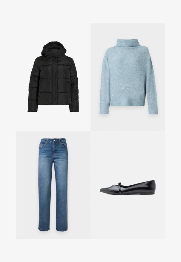 Sort dunjakke med høj krave, vandret quiltet mønster og lynlås foran. Har lommer og en let cropped pasform.; Lyseblå sweater med høj krave, lange ærmer og blød tekstur. Har spredte sølvglitrende detaljer over det hele.; Blå denimjeans med lige ben, høj talje, fem lommer og syede sømme. Har en metal knap og lynlåslukning.; Sort laklæderballerina med spids tå, dekorativ rem og glat tekstur. Minimalistisk design uden synlige detaljer.